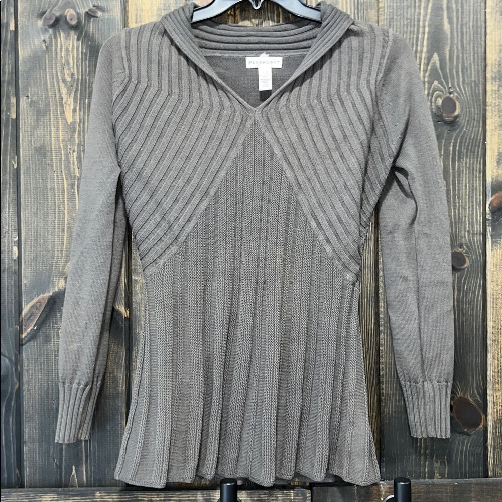 Vintage Parkhurst Ribbed Knit Tunic Sweater Size M Grey Draped‎ Collar Y2K Boho